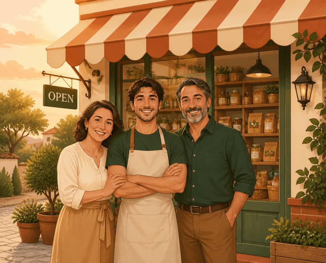 A family standing together in front of their small shop